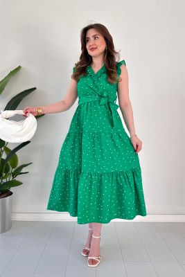 Fırfırlı Puantiye Poplin Elbise Yeşil - Thumbnail