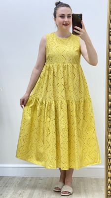 MaziButik - Fistolu Kolsuz Astarlı Elbise Sarı