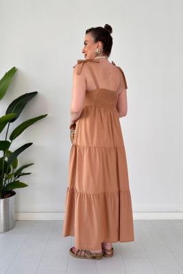 Fiyonk Askı Poplin Elbise Camel - Thumbnail
