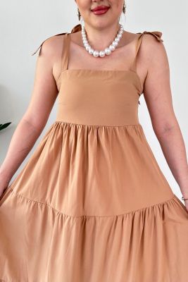 Fiyonk Askı Poplin Elbise Camel - Thumbnail