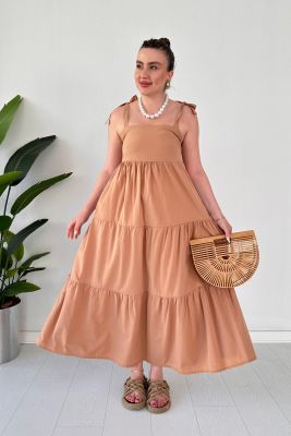 Fiyonk Askı Poplin Elbise Camel - Thumbnail