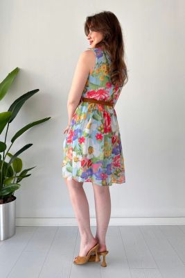 Floral Kemerli Kolsuz Elbise Bebe Mavi - Thumbnail