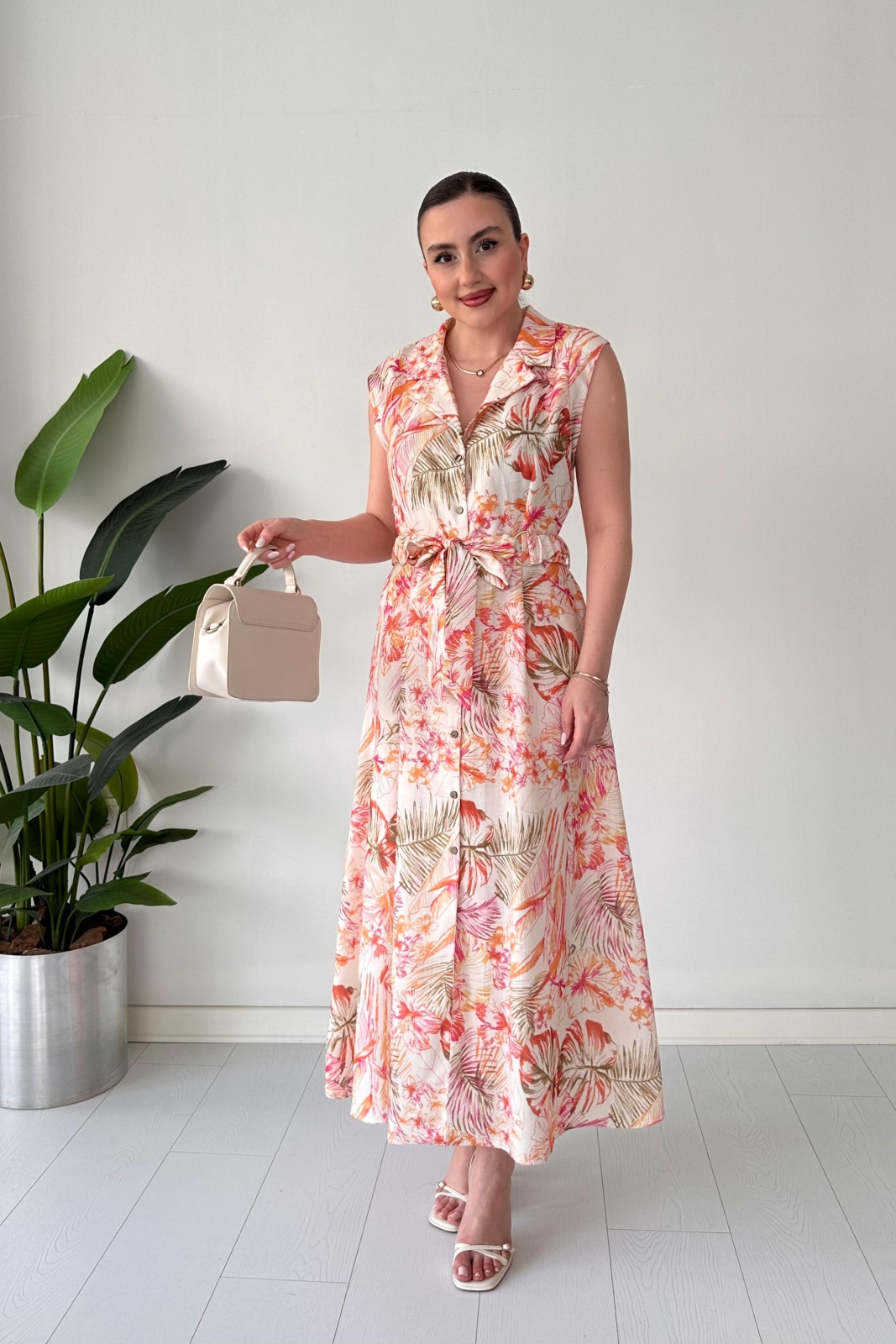 Floral Keten Elbise Krem - Thumbnail