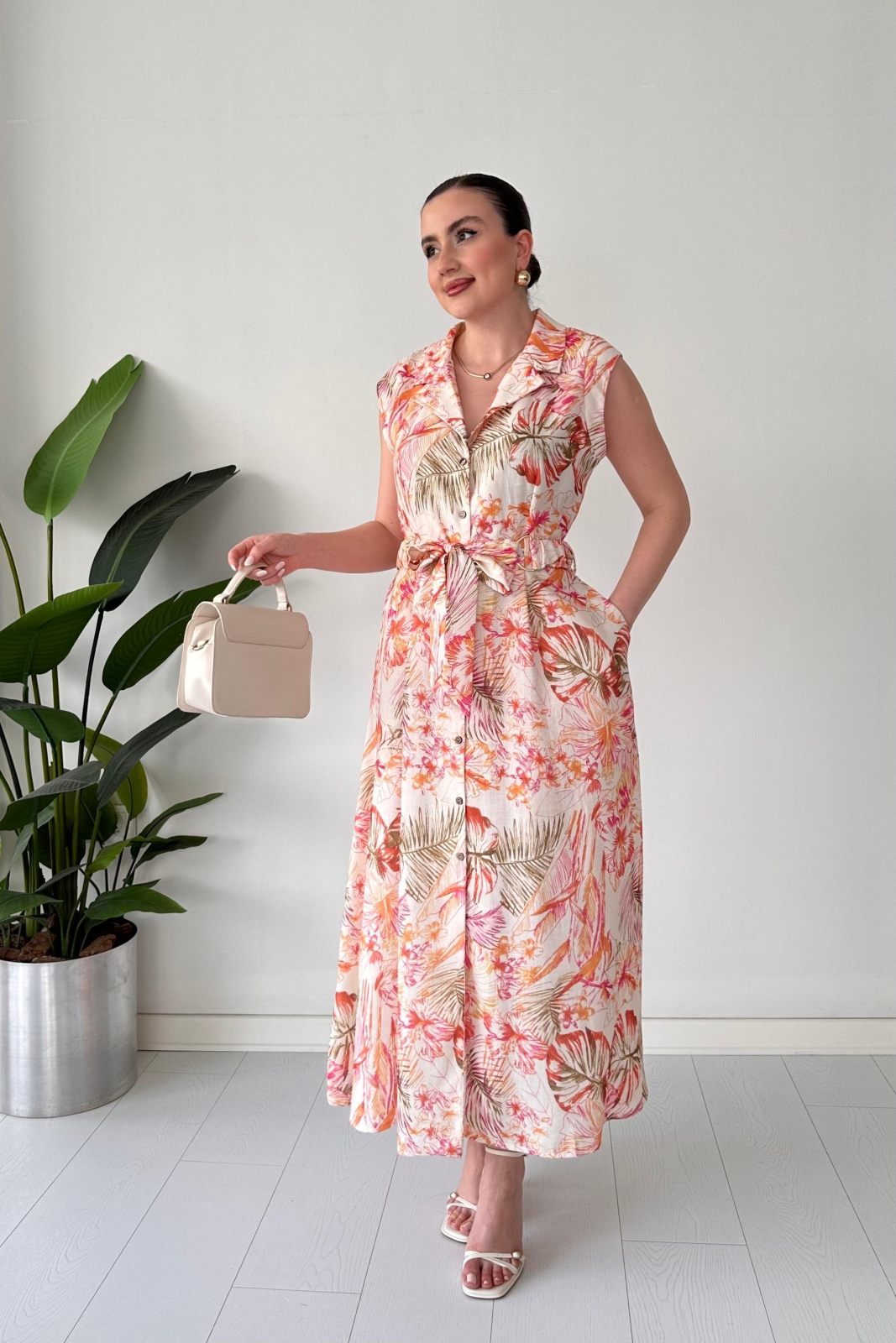 Floral Keten Elbise Krem - Thumbnail