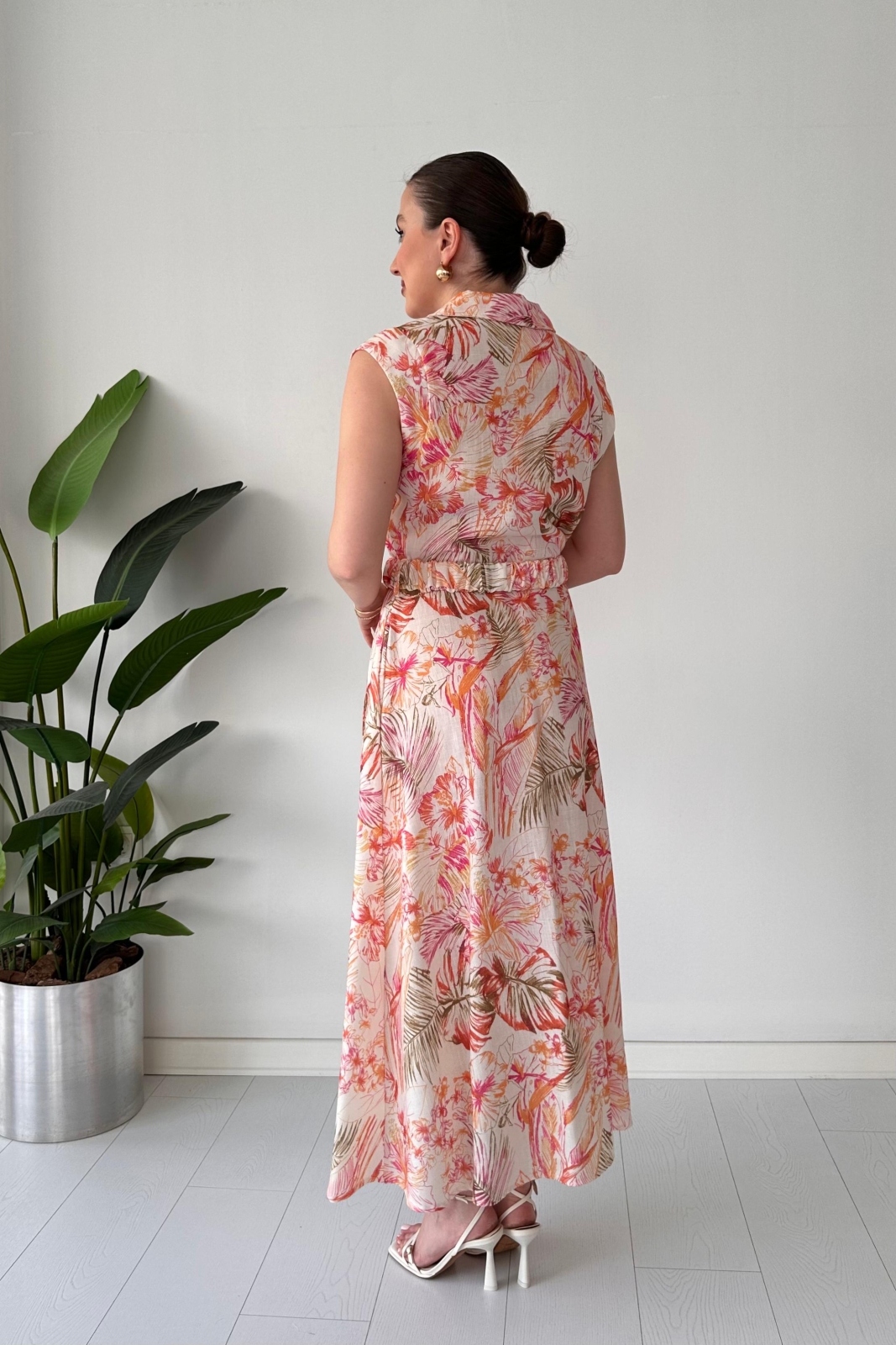 Floral Keten Elbise Krem - Thumbnail