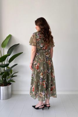 Floral Şifon Elbise Nefti Yeşil - Thumbnail