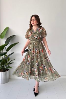 Floral Şifon Elbise Nefti Yeşil - Thumbnail
