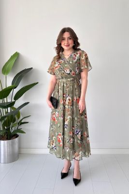 Floral Şifon Elbise Nefti Yeşil - Thumbnail