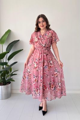 Floral Şifon Elbise Pudra - Thumbnail