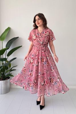 Floral Şifon Elbise Pudra - Thumbnail