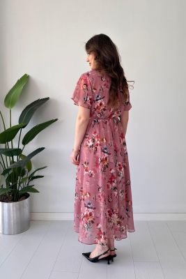 Floral Şifon Elbise Pudra - Thumbnail