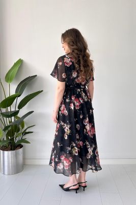 Floral Şifon Elbise Siyah - Thumbnail