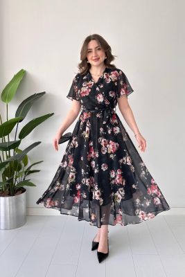 Floral Şifon Elbise Siyah - Thumbnail