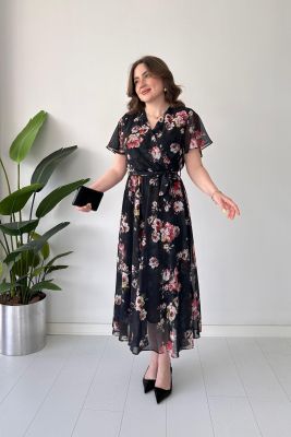 Floral Şifon Elbise Siyah - Thumbnail