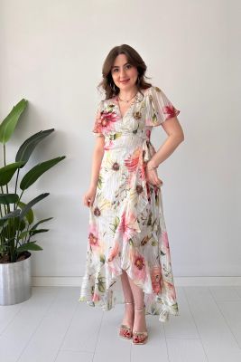 Floral Volanlı Elbise Renkli - Thumbnail