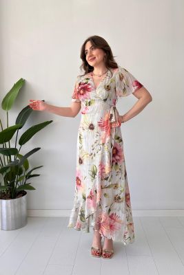 Floral Volanlı Elbise Renkli - Thumbnail