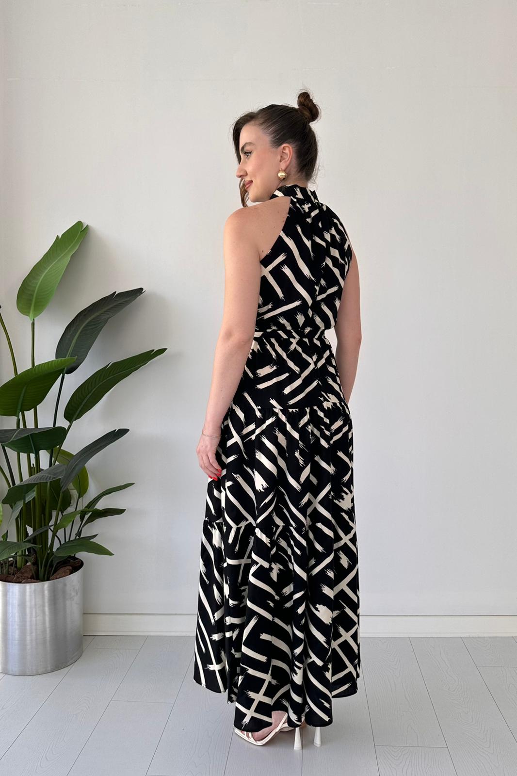 Geometrik Halter Elbise Siyah - Thumbnail