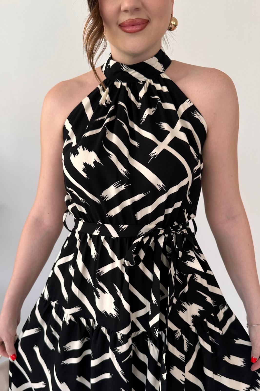 Geometrik Halter Elbise Siyah - Thumbnail