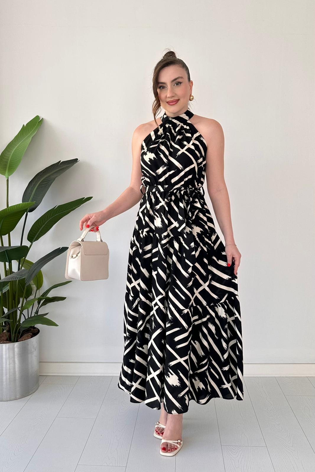 Geometrik Halter Elbise Siyah - Thumbnail
