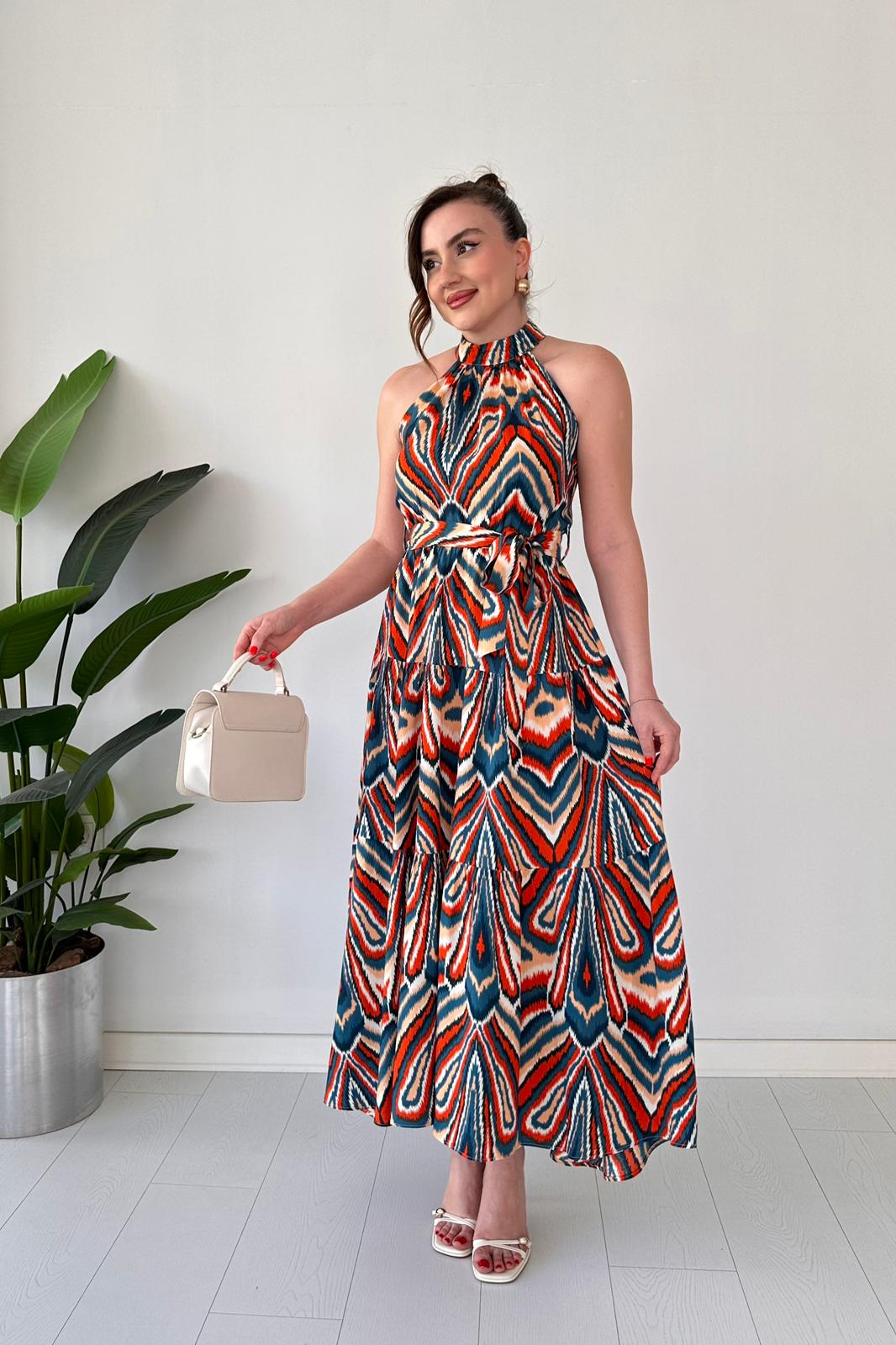 Geometrik Halter Elbise Turuncu - Thumbnail