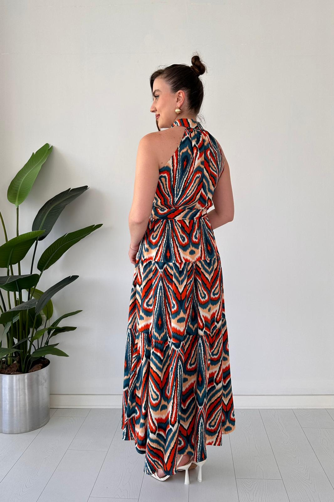 Geometrik Halter Elbise Turuncu - Thumbnail
