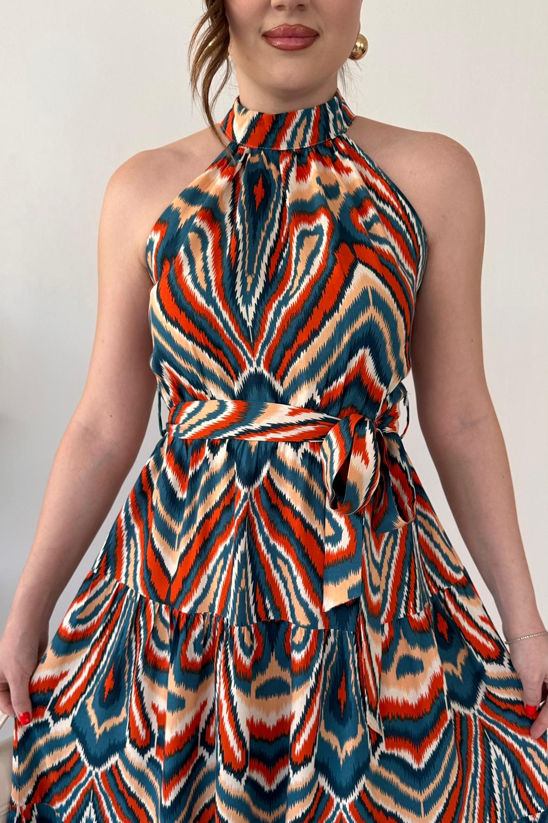 Geometrik Halter Elbise Turuncu - Thumbnail