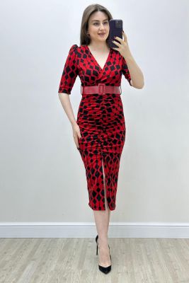 Geometrik Krep Elbise Kırmızı - Thumbnail