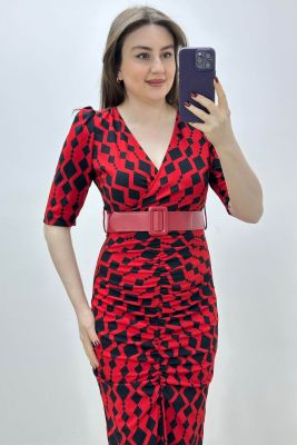 Geometrik Krep Elbise Kırmızı - Thumbnail