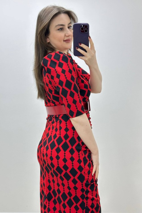 Geometrik Krep Elbise Kırmızı