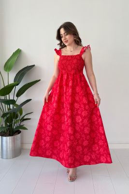 Gipeli Maksi Floral Elbise Kırmızı - Thumbnail