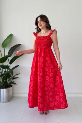 Gipeli Maksi Floral Elbise Kırmızı - Thumbnail