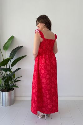 Gipeli Maksi Floral Elbise Kırmızı - Thumbnail