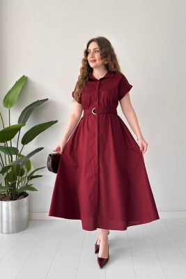 Gizli Düğmeli Poplin Elbise Bordo - Thumbnail