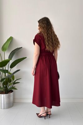 Gizli Düğmeli Poplin Elbise Bordo - Thumbnail