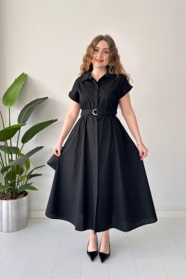 Gizli Düğmeli Poplin Elbise Siyah - Thumbnail