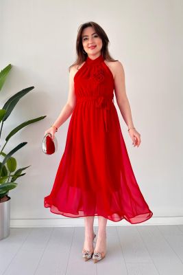 Gül Aplik Düz Elbise Kırmızı - Thumbnail