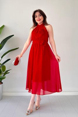 Gül Aplik Düz Elbise Kırmızı - Thumbnail