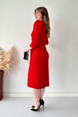 Gül Broş Krep Elbise Kırmızı - Thumbnail