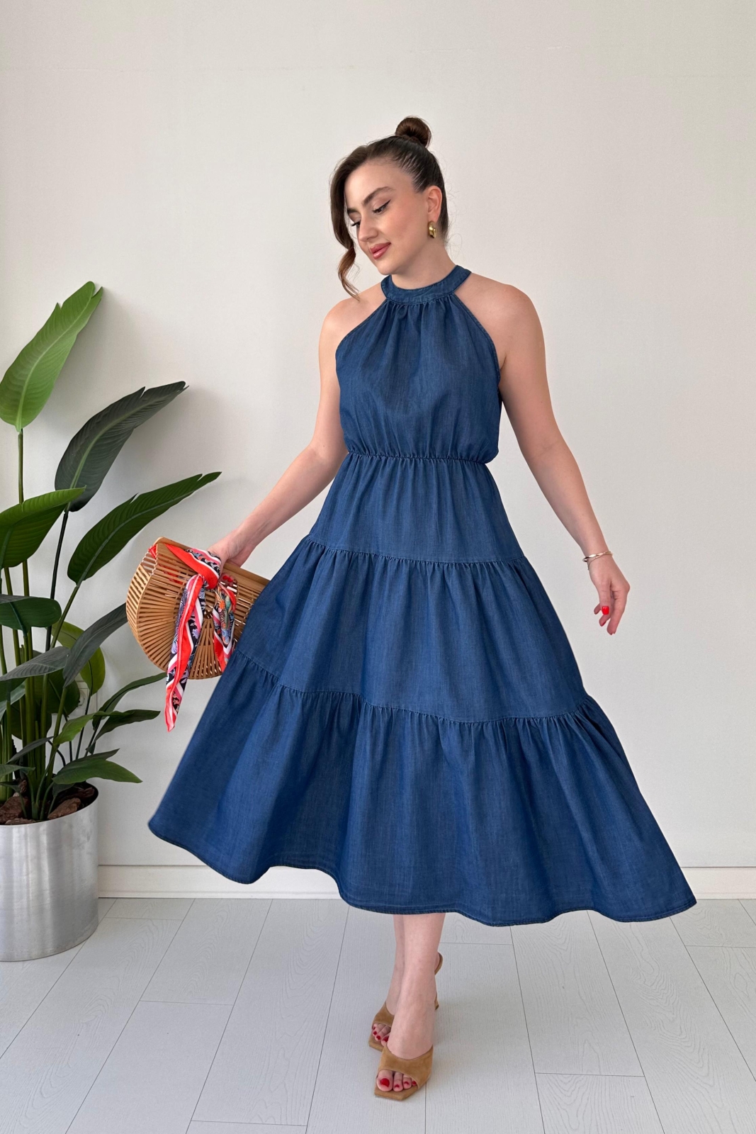 Halter Denim Elbise Lacivert - Thumbnail