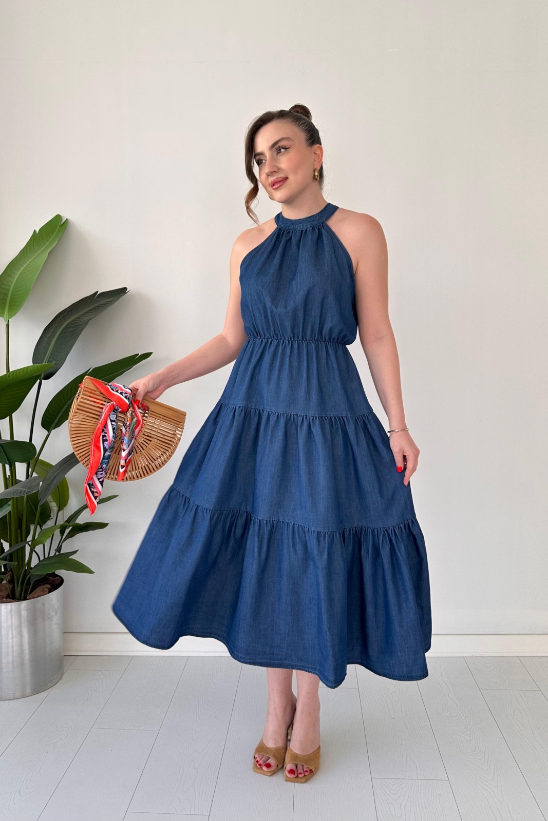Halter Denim Elbise Lacivert - Thumbnail