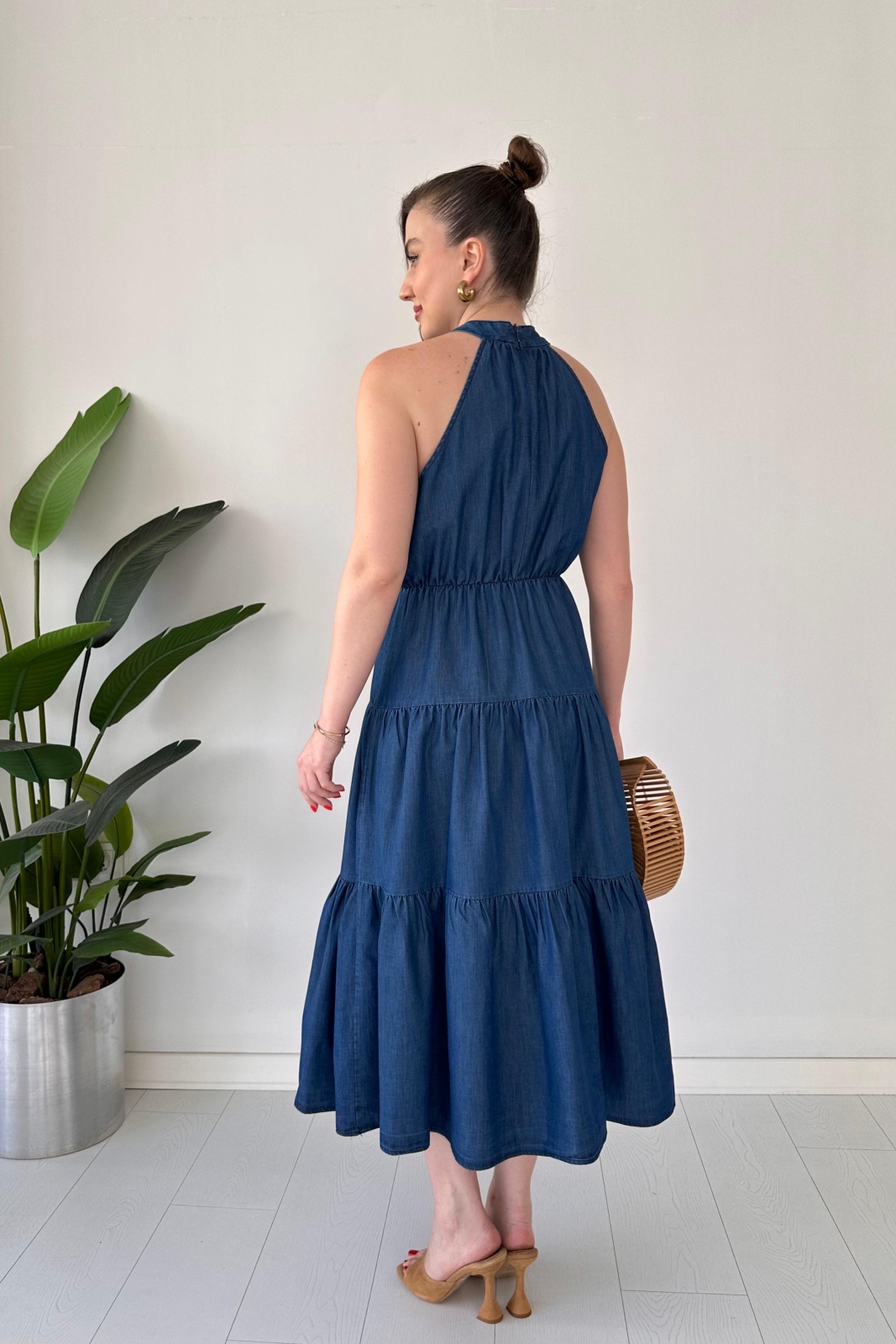 Halter Denim Elbise Lacivert - Thumbnail