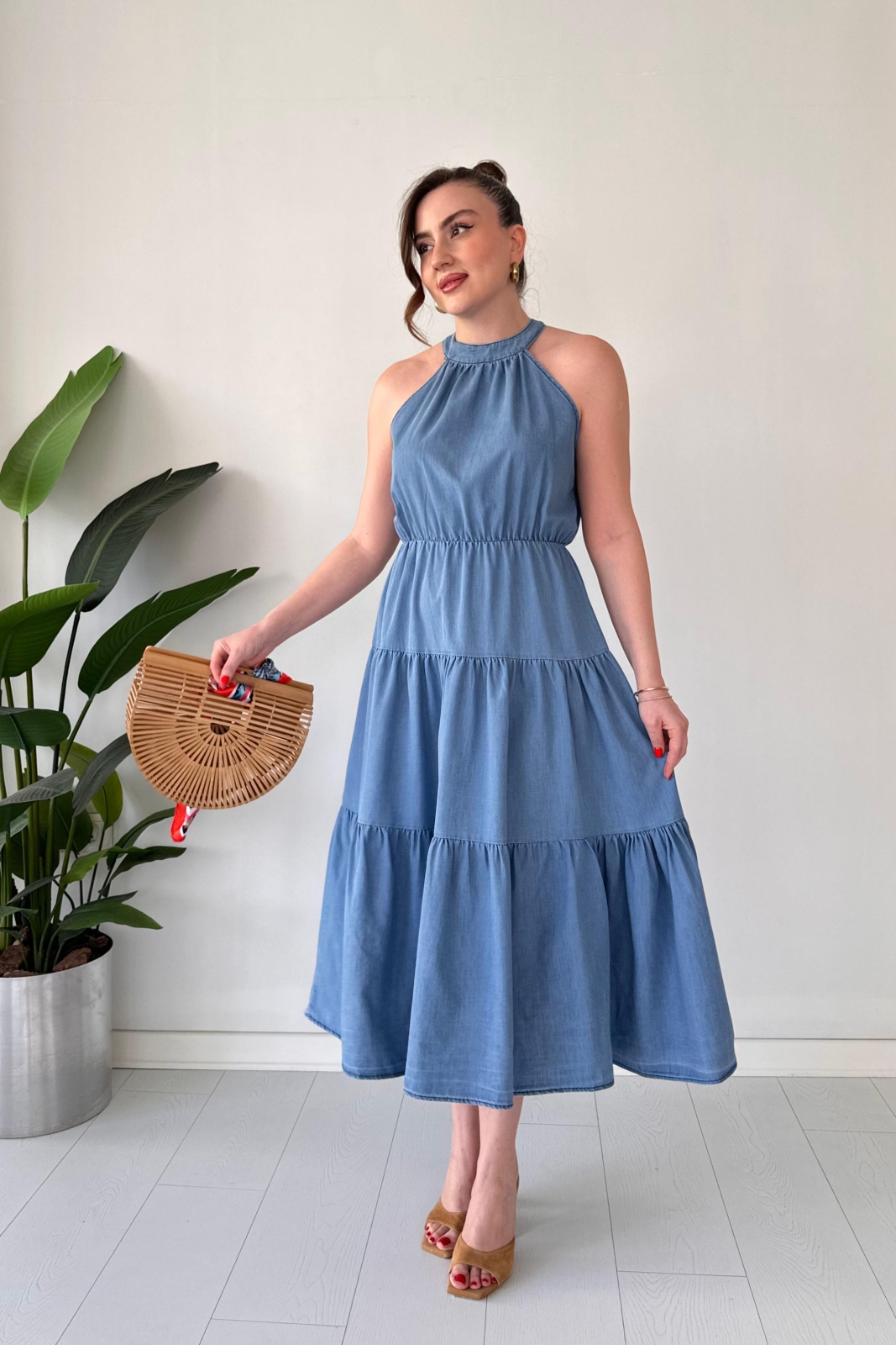 Halter Denim Elbise Mavi - Thumbnail