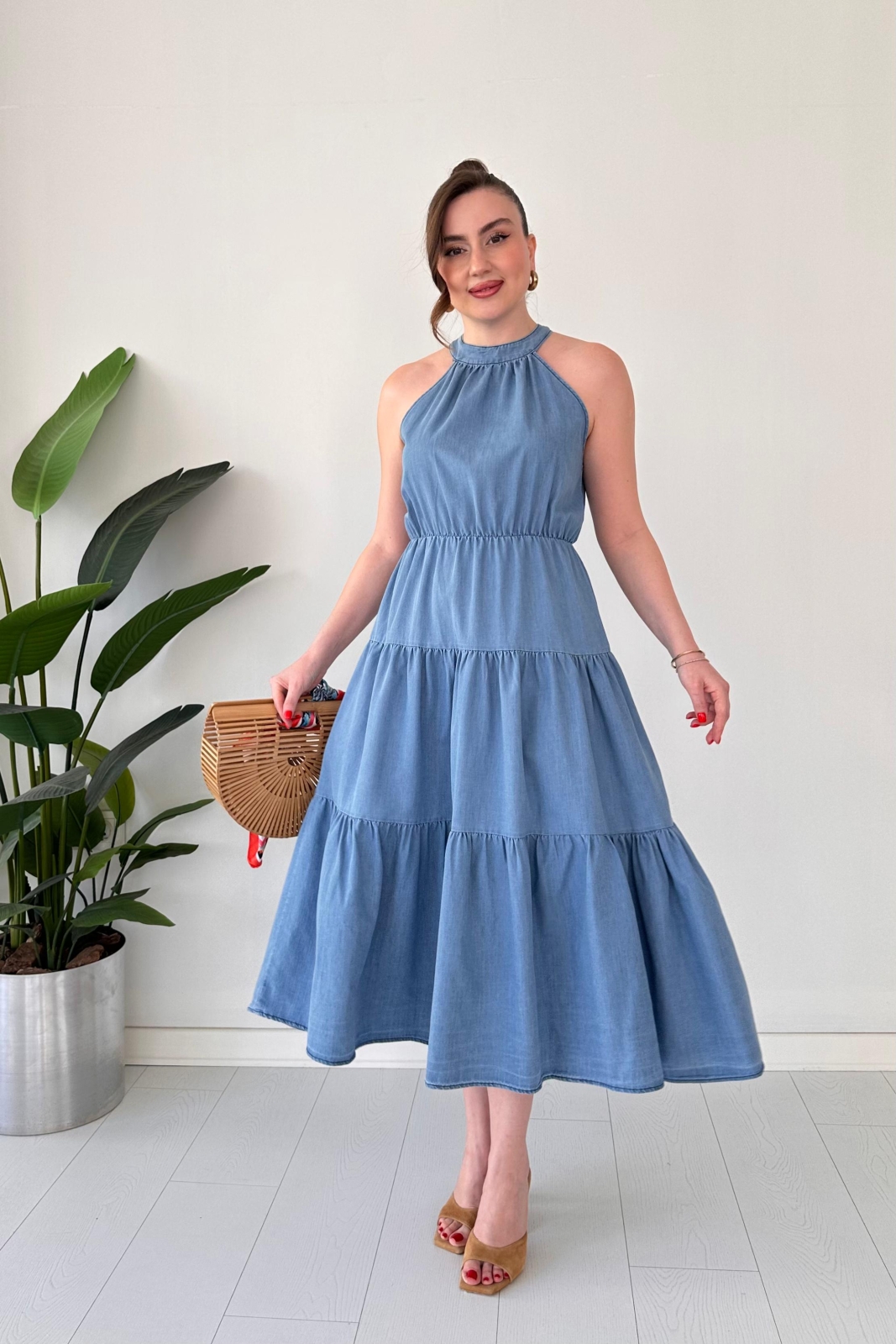 Halter Denim Elbise Mavi - Thumbnail