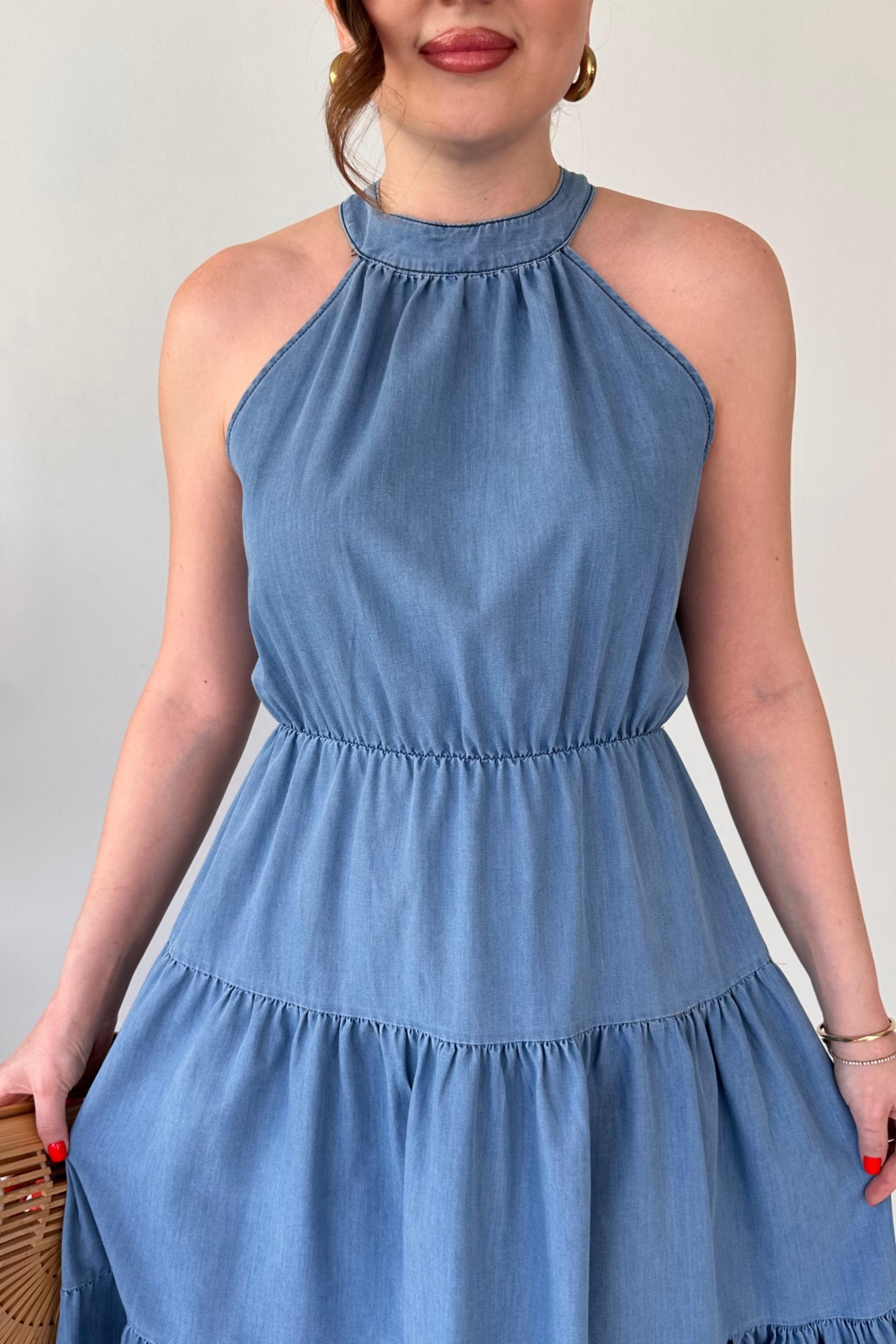 Halter Denim Elbise Mavi - Thumbnail