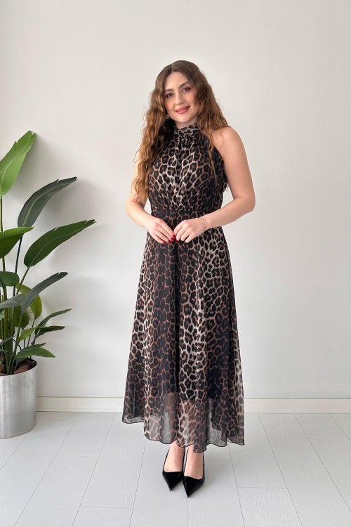 Robe dos nu en mousseline léopard noire