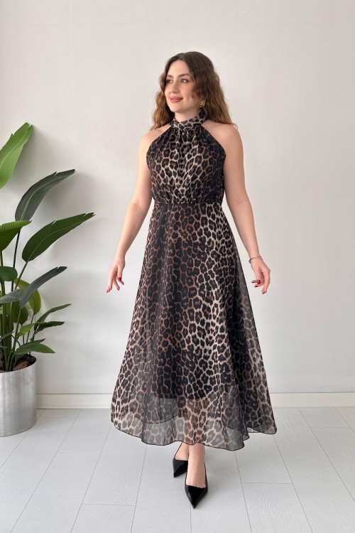 Robe dos nu en mousseline léopard noire