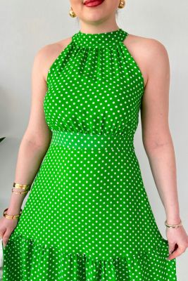 Halter Maksi Puanlı Elbise Yeşil - Thumbnail