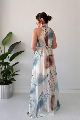 Halter Yaka Ebruli Elbise Mavi - Thumbnail