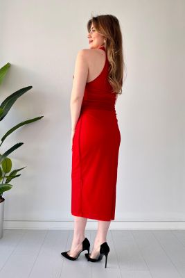 Halter Yaka Tül Elbise Kırmızı - Thumbnail
