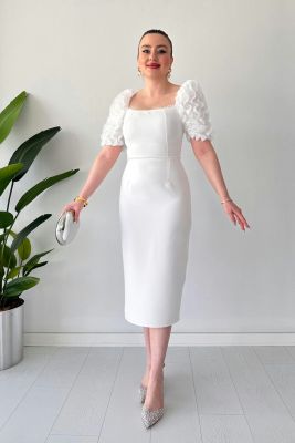 İnci Detay Tasarım Elbise Beyaz - Thumbnail
